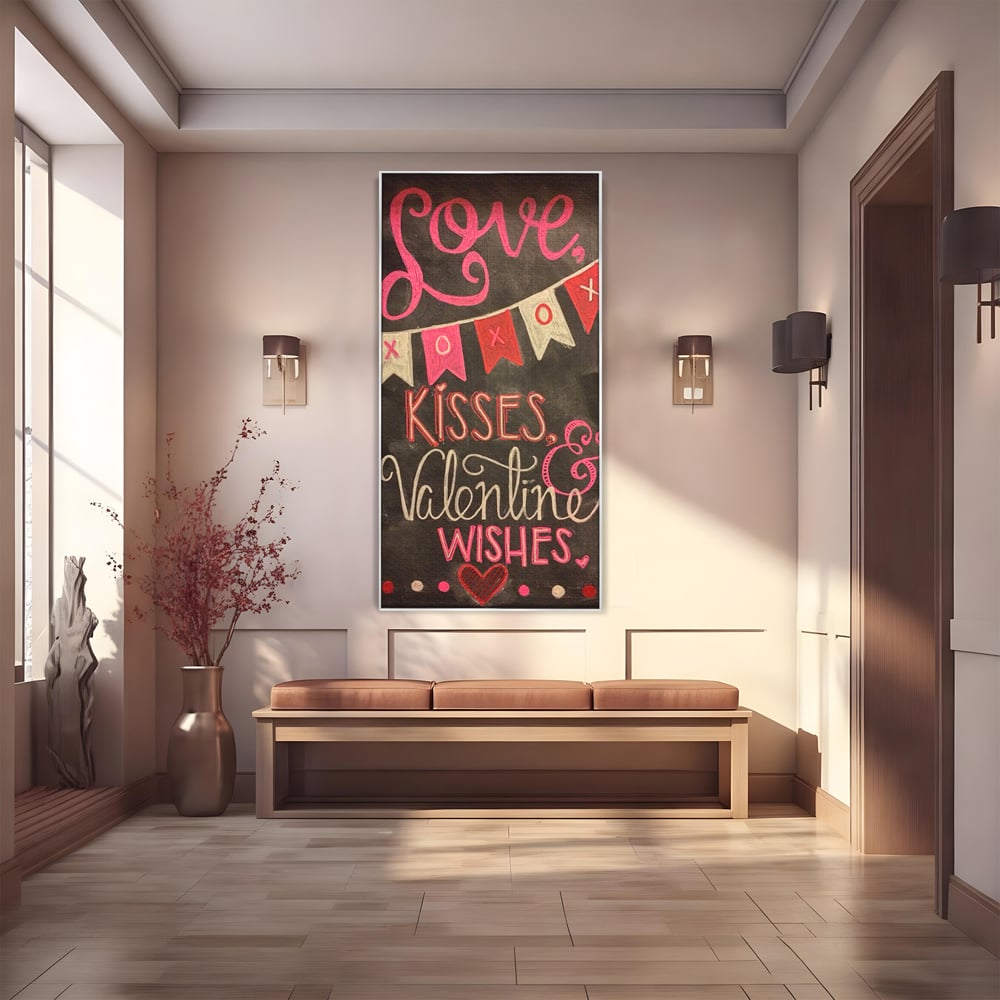 Tablou canvas cu tablou canvas cu mesaj de dragoste scris cu creta, in rama de aluminiu argintiu
